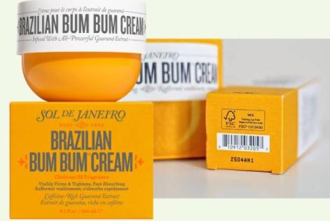 Product display of Sol de Janeiro’s Brazilian Bum Bum Cream featuring its signature yellow jar and FSC-labeled paper packaging, highlighting the brand’s commitment to responsibly sourced materials.