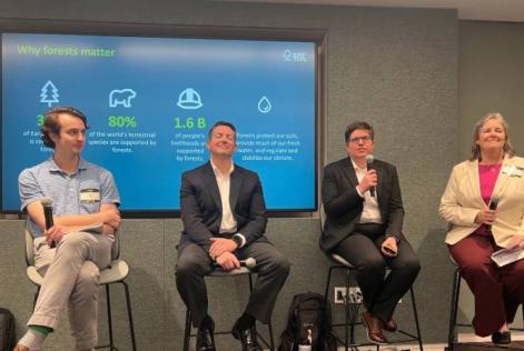 Four speakers sit on stage during a panel on forest sustainability.