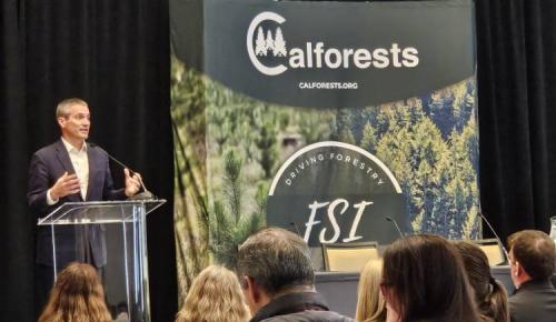 A speaker addresses the audience at the Calforests annual meeting in front of a large backdrop displaying the California Forestry Association logo and the words “Driving Forestry.”