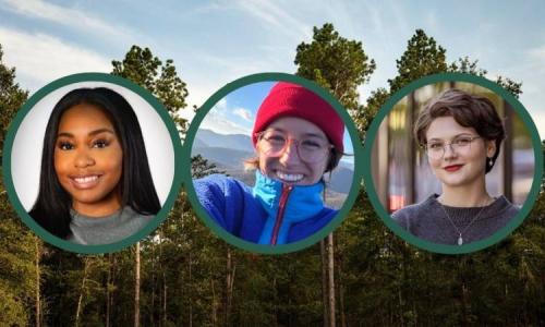 Three people are shown in circular portraits over a forest background, representing new team members.