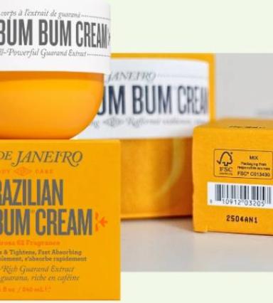 Product display of Sol de Janeiro’s Brazilian Bum Bum Cream featuring its signature yellow jar and FSC-labeled paper packaging, highlighting the brand’s commitment to responsibly sourced materials.